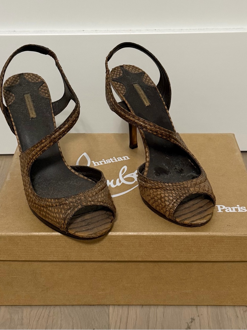Maxstudio Brown Snakeskin Open-Toe Slingback Heels